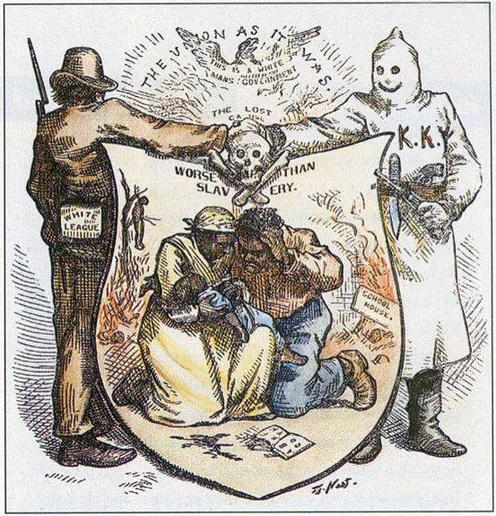 1874年のトーマス・ナストの風刺画。ホワイト・リーグとKKKの人物が、黒人の家族の上で握手する