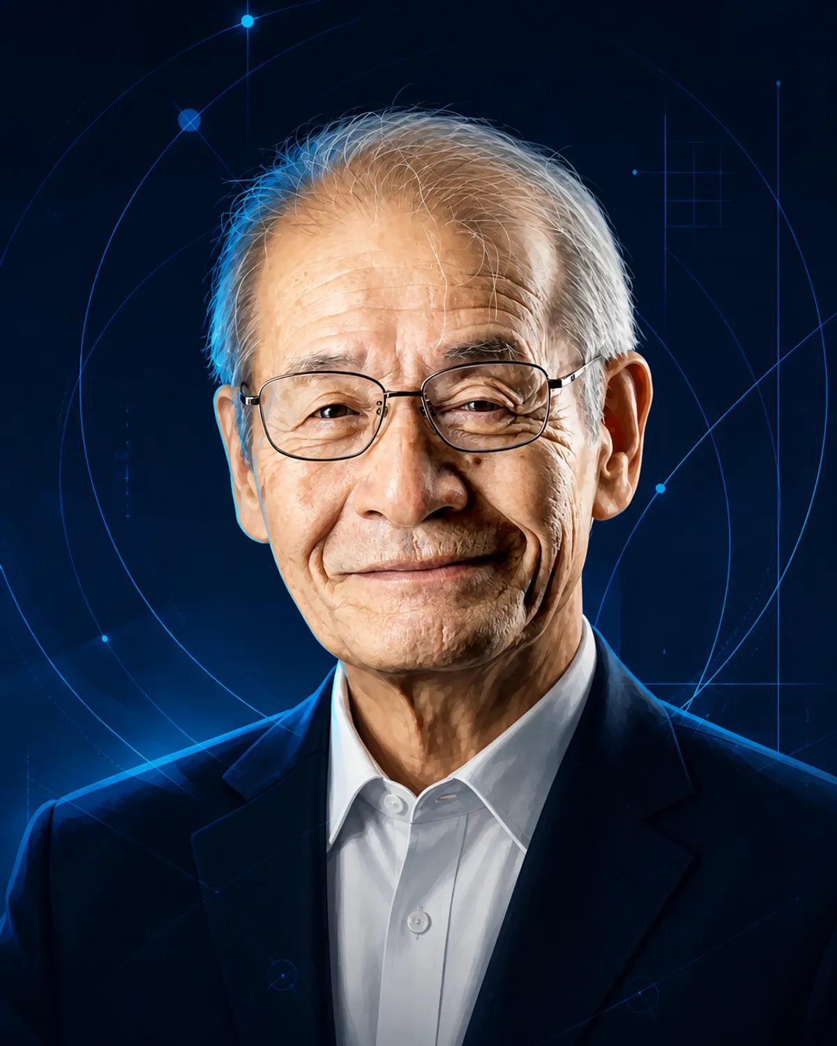 濃紺の背景と青い光で描いた吉野彰の半写実イラスト