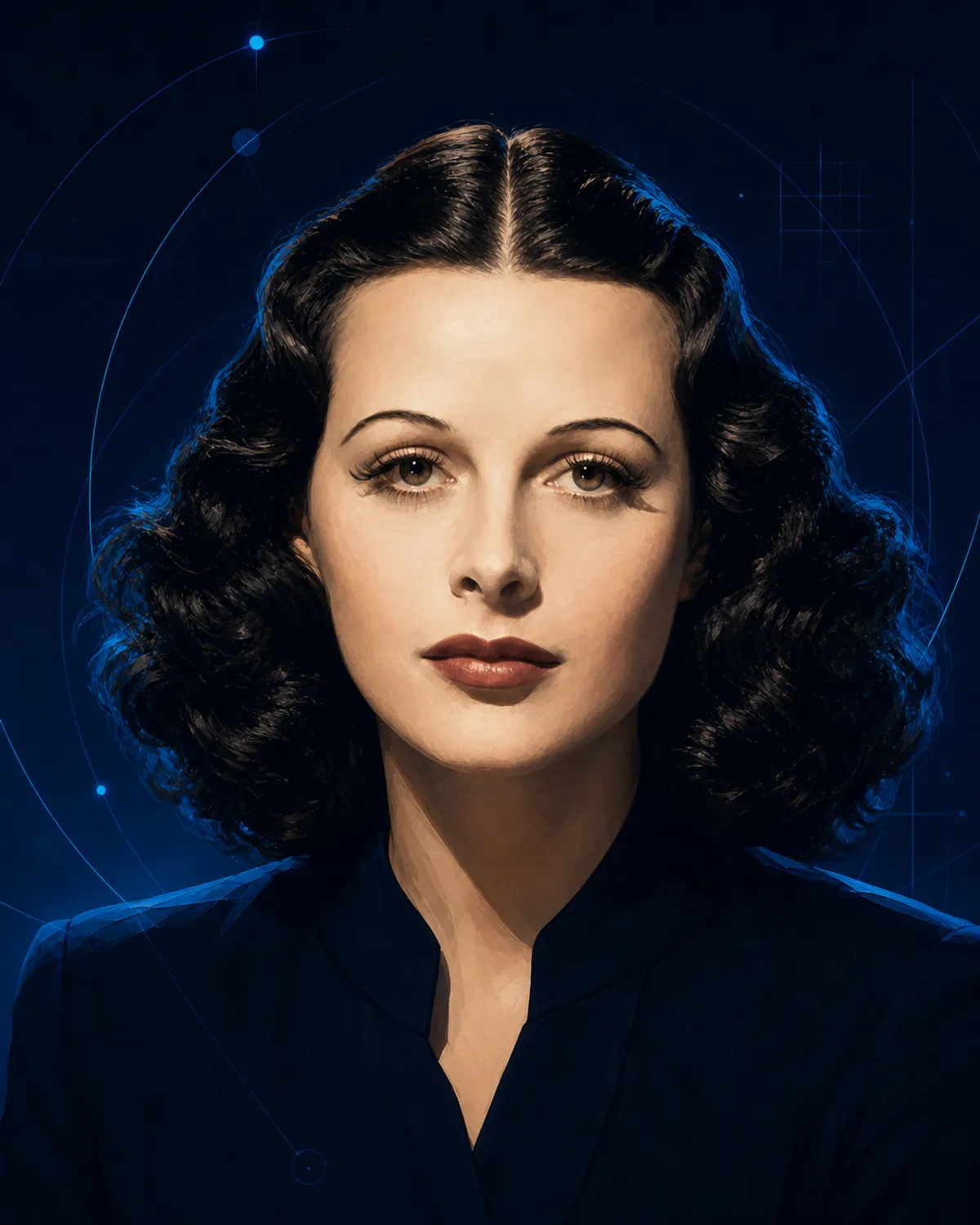 濃紺の背景と青い光で描いたヘディ・ラマーの半写実イラスト