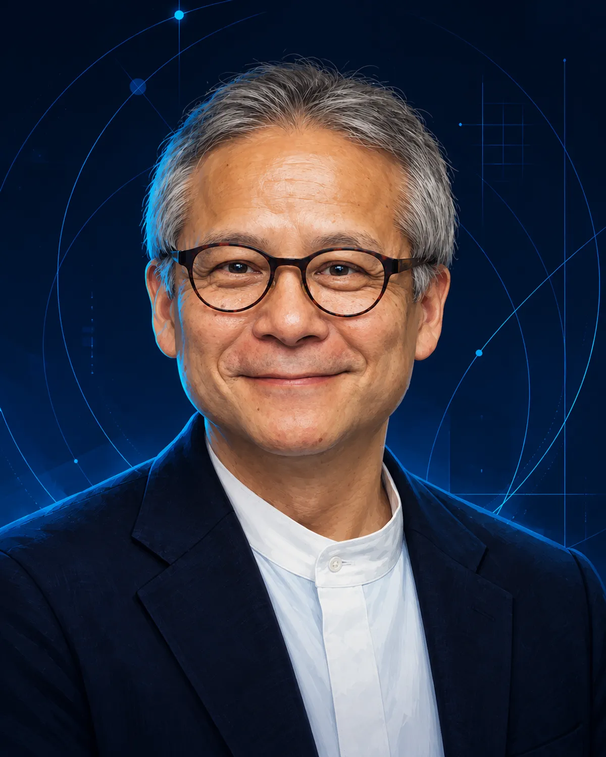 濃紺の背景に青い軌道と格子を配した石井裕の半写実イラスト