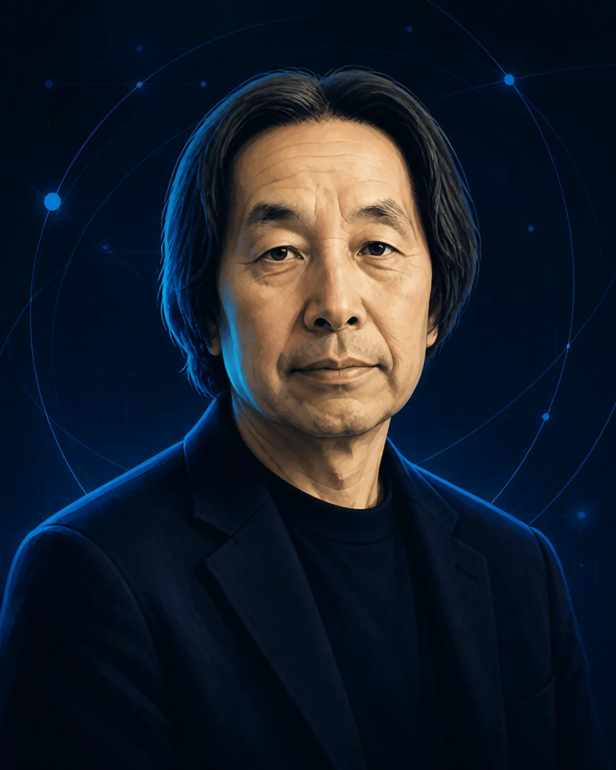 濃紺の背景と青い光で描いた原昌宏の半写実イラスト