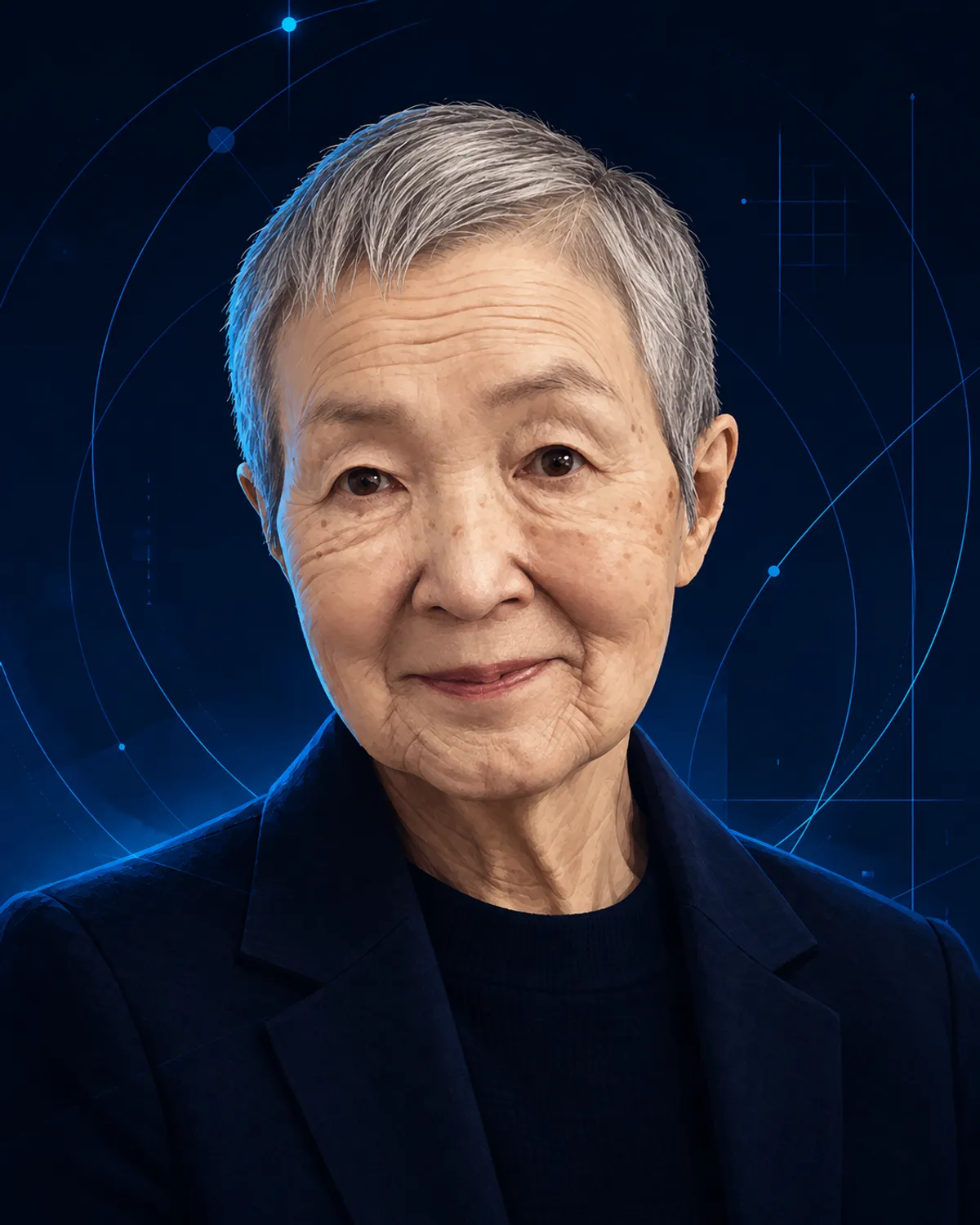 濃紺の背景に青い光を配した若宮正子の半写実イラスト