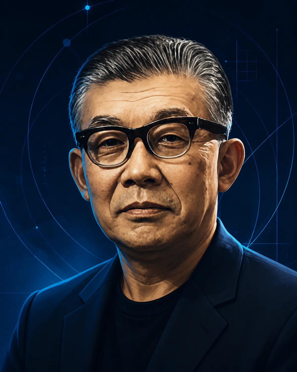 濃紺の背景と青い光で描いた井深大の半写実イラスト