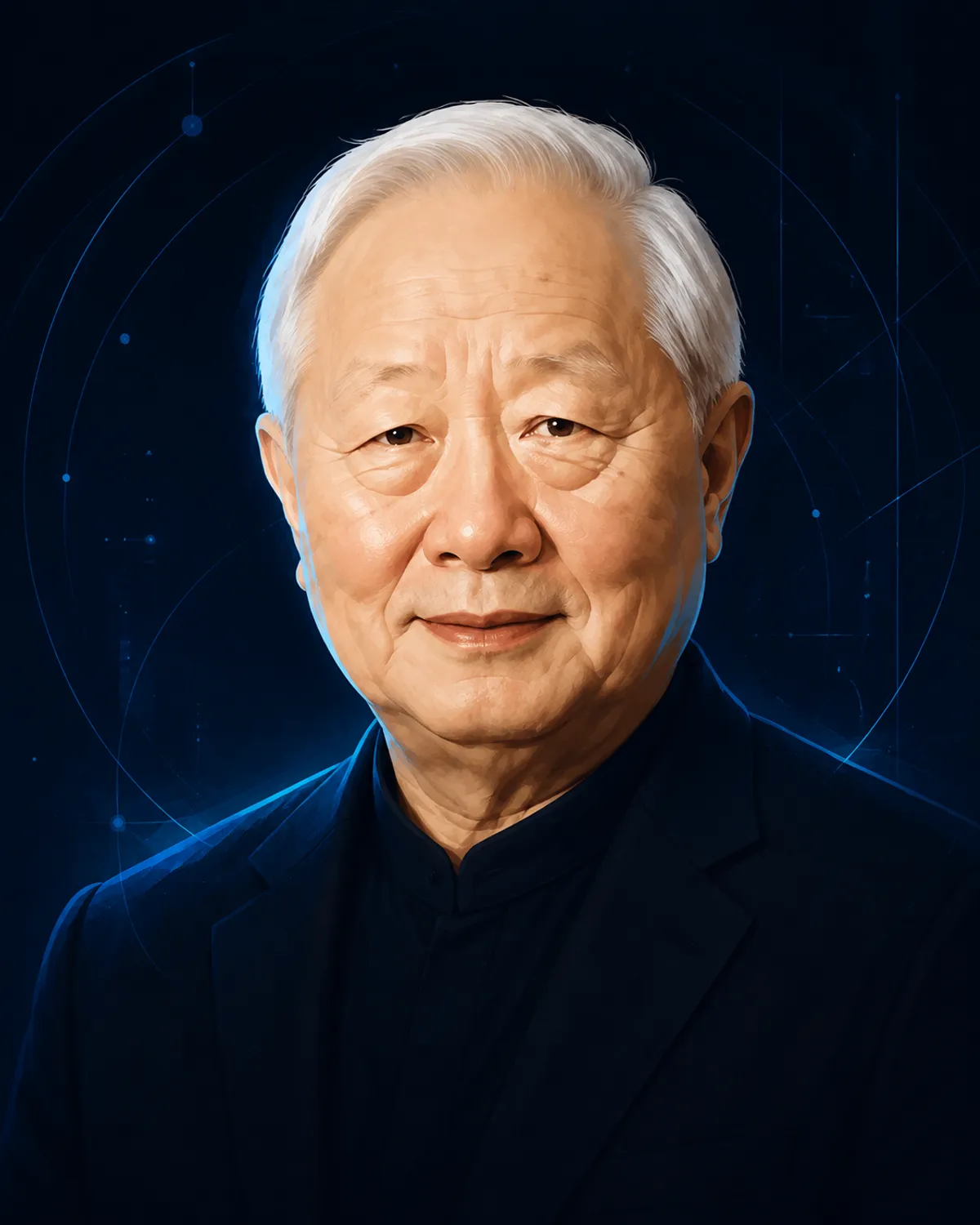 濃紺の背景に青い光を配したモリス・チャンの半写実イラスト