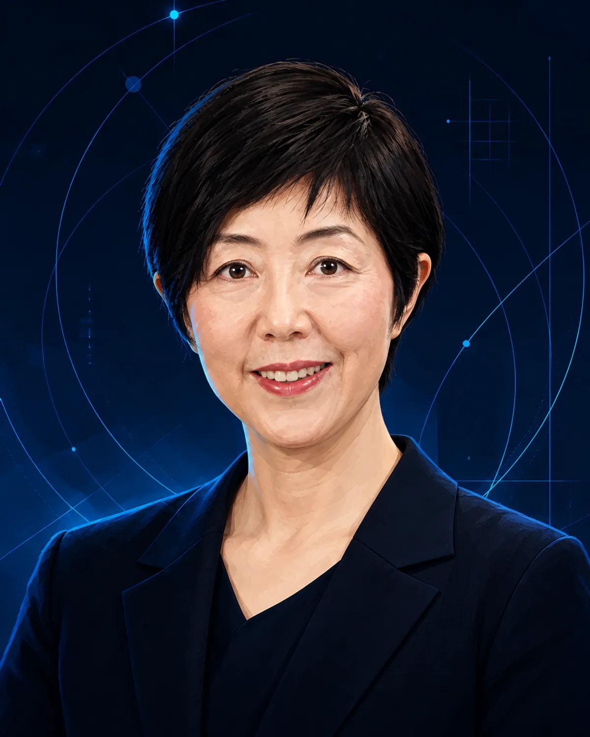 濃紺の背景に青い軌道を配した新井紀子の半写実イラスト