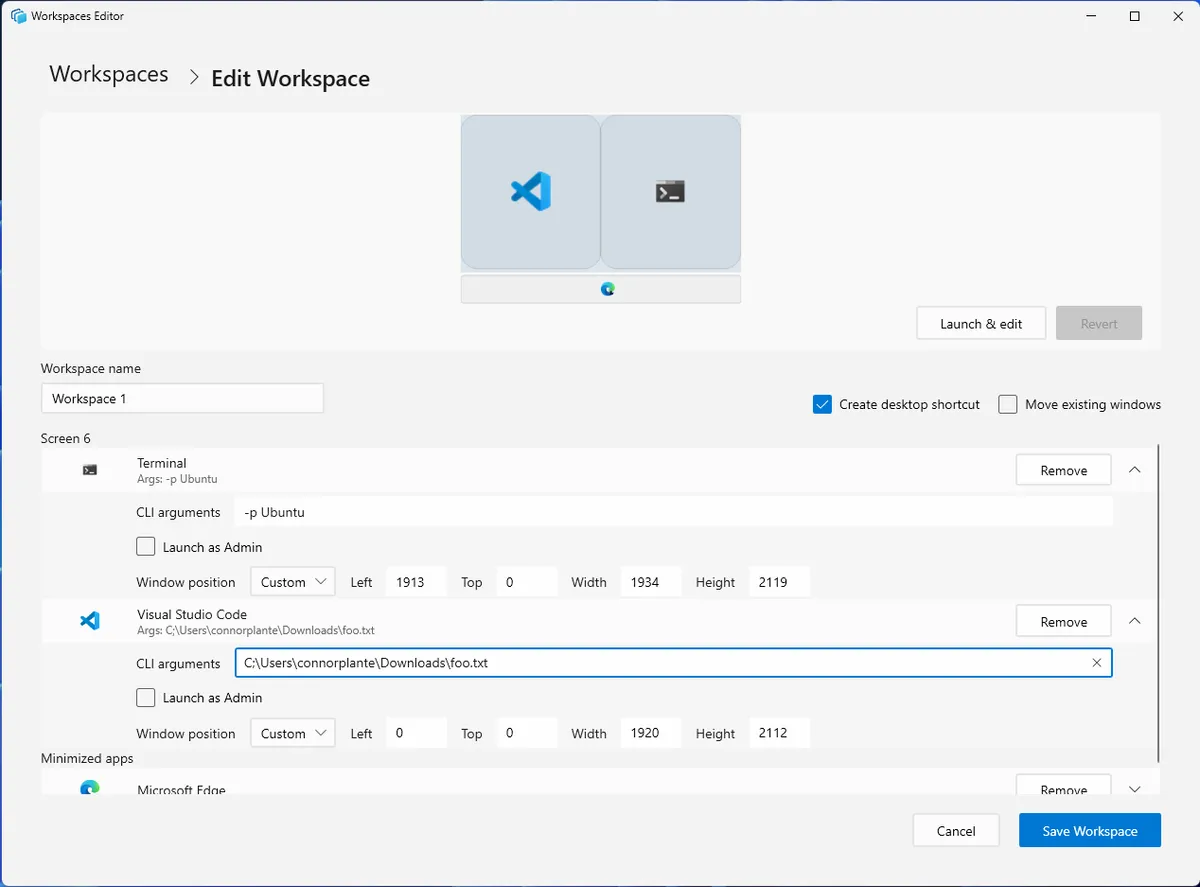 Microsoft PowerToys WorkspacesのCLI引数欄にファイルのパスを指定する例
