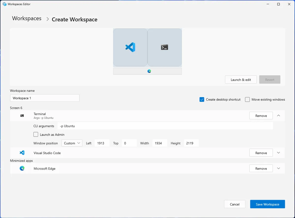 Microsoft PowerToys Workspacesで取り込んだアプリの配置と保存設定を編集する画面