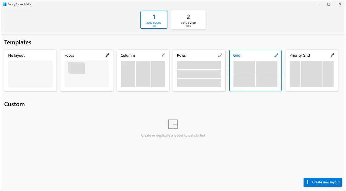Microsoft PowerToys FancyZonesの画面分割レイアウトを選ぶ編集画面