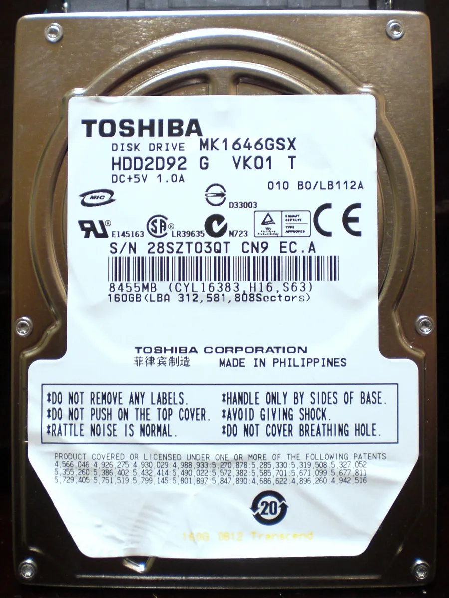 フィリピン製と表示された東芝の旧世代2.5型HDD MK1646GSX