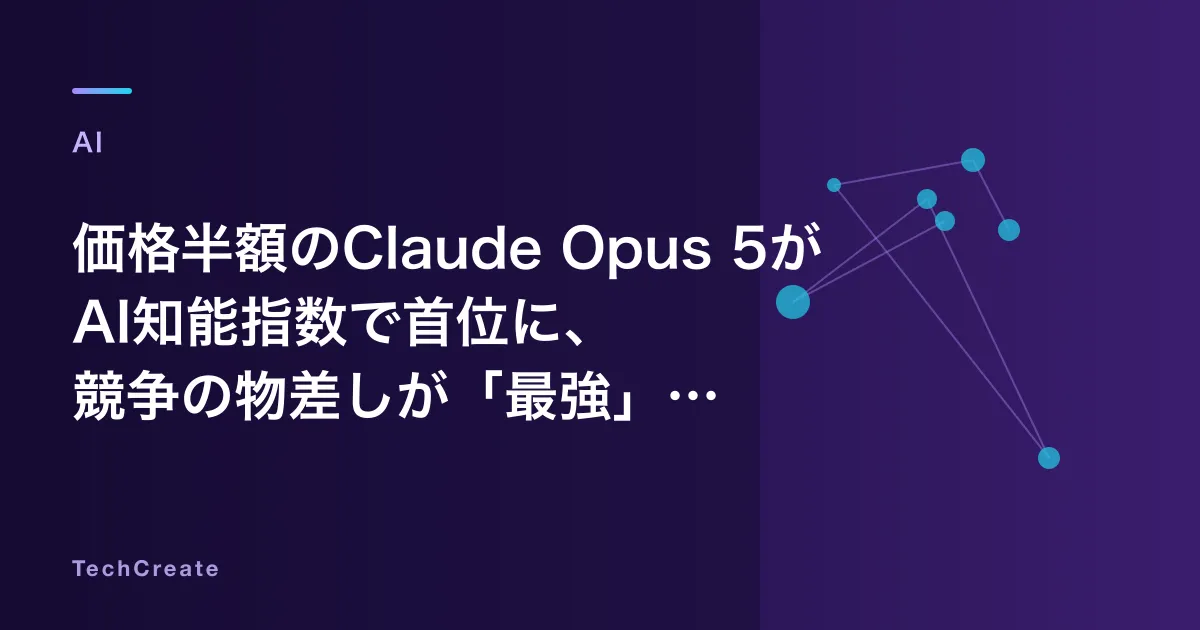価格半額のClaude Opus 5がAI知能指数で首位に、競争の物差しが「最強」から「費用対知能」へ移り始めた