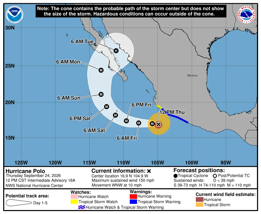 ハリケーン・ポロの9月24日時点の進路予報円。メキシコ南西岸から沖へ離れた後、バハ・カリフォルニア半島の方向へ進む可能性を示している