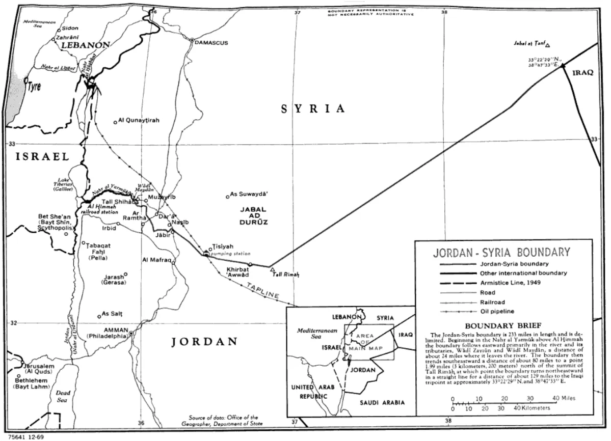 ヨルダンとシリアの国境を示した地図