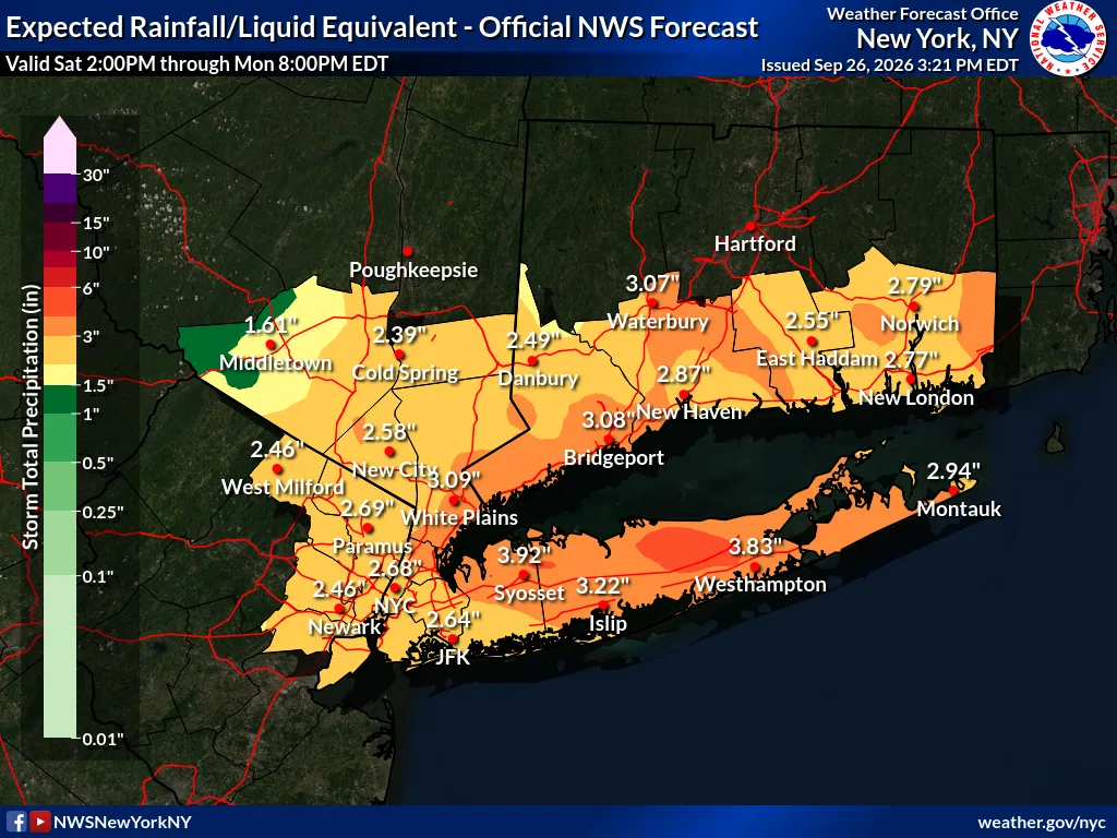 米国立気象局が9月26日に発表したニューヨーク周辺の降雨予測図